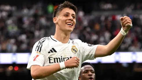 Arda Gueler of Real Madrid celebrates scoring his team's first goal during the LaLiga match between Real Madrid CF and RC Celta de Vigo at Estadio Santiago Bernabeu on May 04, 2025.