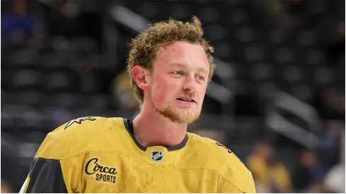 Jack Eichel #9 of the Vegas Golden Knights warms up before a game against the Calgary Flames at T-Mobile Arena on December 29, 2024 in Las Vegas, Nevada.