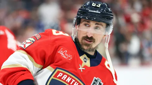 Brad Marchand #63 of the Florida Panthers warms up before a game against the before playing the Edmonton Oilers in Game Four of the 2025 Stanley Cup Final.