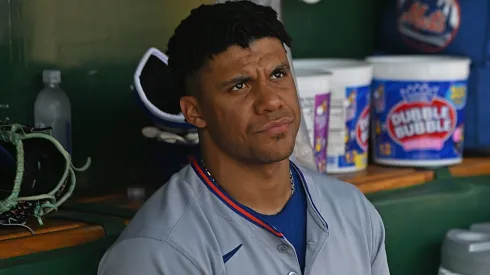 Juan Soto #22 of the New York Mets looks on from the dugout in the seventh inning during the game against the Pittsburgh Pirates at PNC Park on June 29, 2025 in Pittsburgh, Pennsylvania.