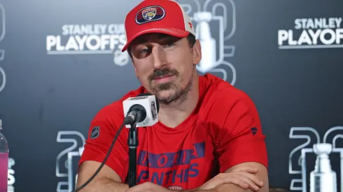 Brad Marchand #63 of the Florida Panthers takes questions from the media after defeating the Toronto Maple Leafs in Game Seven of the Second Round of the 2025 Stanley Cup Playoffs at Scotiabank Arena on May 18, 2025 in Toronto, Ontario, Canada.