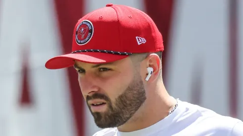 Quarterback Baker Mayfield #6 of the Tampa Bay Buccaneers looks on during warmups before playing against the Denver Broncos at Raymond James Stadium on September 22, 2024 in Tampa, Florida.