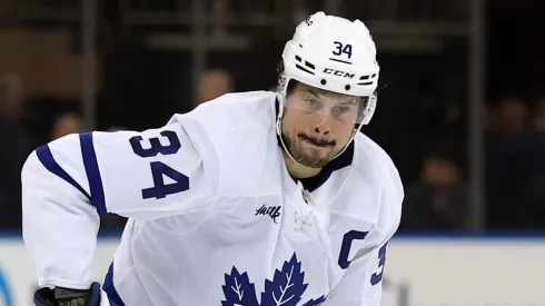 Auston Matthews #34 of the Toronto Maple Leafs in action during the game against the New York Rangers at Madison Square Garden on March 20, 2025.