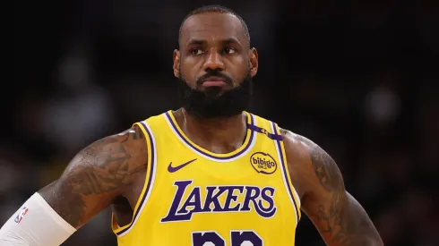 LeBron James #23 of the Los Angeles Lakers looks on against the Chicago Bulls during the first half at the United Center.