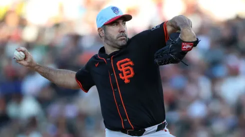 Justin Verlander #35 of the San Francisco Giants pitches against the Athletics during the second inning at Sutter Health Park on July 04, 2025 in Sacramento, California.