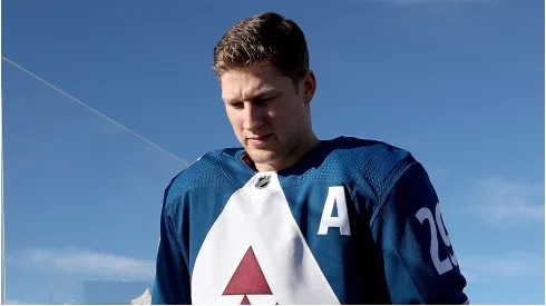 Nathan MacKinnon #29 of the Colorado Avalanche walks to the ice for practice prior to the 2020 NHL Stadium Series game against the Los Angeles Kings at Falcon Stadium on February 14, 2020 in Colorado Springs, Colorado.