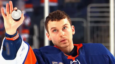 Ilya Sorokin #30 of the New York Islanders celebrates his 4-0 shutout against the Philadelphia Flyers at the UBS Arena on April 08, 2023 in Elmont, New York.