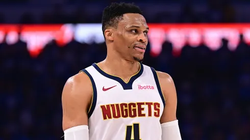 Russell Westbrook #4 of the Denver Nuggets walks down the floor during the NBA Playoffs.