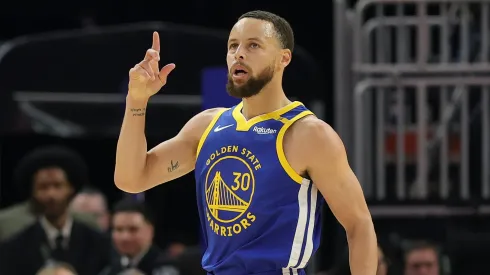 Stephen Curry #30 of the Golden State Warriors reacts after making a three-point basket against the Portland Trail Blazers during the first half at Chase Center on March 10, 2025.