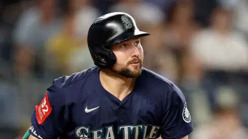 Cal Raleigh #29 of the Seattle Mariners watches his eighth inning two run home run against the New York Yankees at Yankee Stadium on July 08, 2025 in New York City.