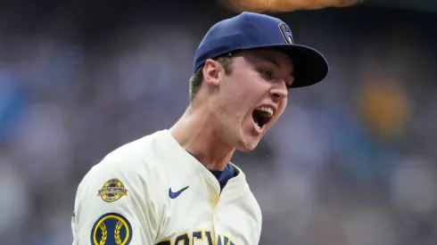 Jacob Misiorowski #32 of the Milwaukee Brewers reacts after a ground out by Michael Conforto #23 of the Los Angeles Dodgers during the sixth inning at American Family Field on July 08, 2025 in Milwaukee, Wisconsin.