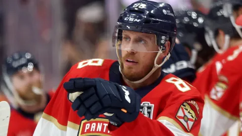 Nate Schmidt #88 with the Florida Panthers reacts after a goal against the Edmonton Oilers during the first period in Game Three of the 2025 Stanley Cup Final at Amerant Bank Arena on June 09, 2025 in Sunrise, Florida.