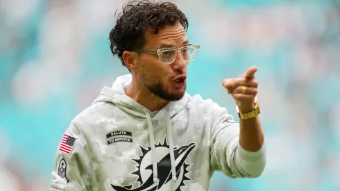 Head coach Mike McDaniel of the Miami Dolphins reacts prior to a game against the Las Vegas Raiders at Hard Rock Stadium on November 17, 2024 in Miami Gardens, Florida.