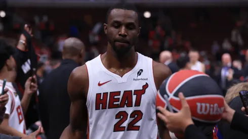 Andrew Wiggins #22 of the Miami Heat interacts with fans after defeating the Chicago Bulls during an NBA play-in tournament game