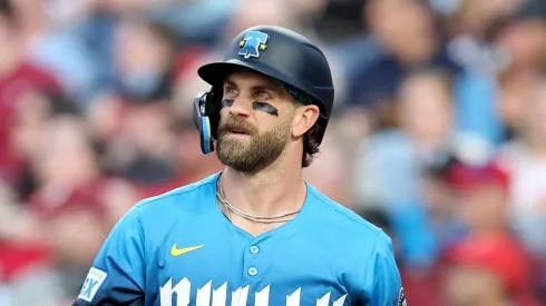 Bryce Harper #3 of the Philadelphia Phillies at bat during a game against the Miami Marlins at Citizens Bank Park on April 18, 2025 in Philadelphia, Pennsylvania.