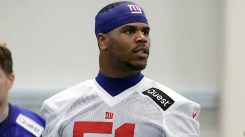 Abdul Carter #51 of the New York Giants during rookie minicamp at NY Giants Quest Diagnostics Training Center on May 09, 2025 in East Rutherford, New Jersey.