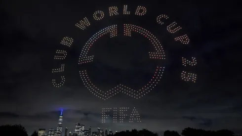 A FIFA Club World Cup logo visual is displayed against the Manhatten skyline by 1500 drones in a FIFA drone show ahead of the Club World Cup Final on July 11, 2025.
