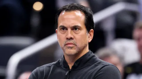 Erik Spolestra the head coach of the Miami Heat gives instructions to his team against the Indiana Pacers at Gainbridge Fieldhouse on November 15, 2024 in Indianapolis, Indiana.