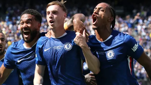 ole Palmer #10 of Chelsea FC celebrates scoring his team's second goal with team mates Joao Pedro #20 of Chelsea FC and Reece James #24 of Chelsea FC during the FIFA Club World Cup 2025 Final