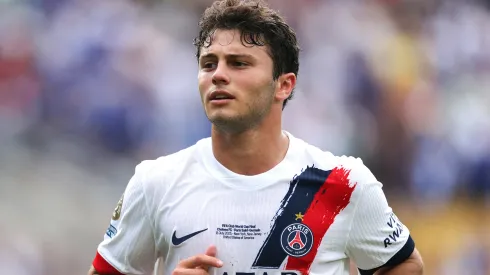 Joao Neves #87 of Paris Saint-Germain receives a red card during the FIFA Club World Cup 2025 Final match between Chelsea FC and Paris Saint-Germain at MetLife Stadium on July 13, 2025 in East Rutherford, New Jersey.