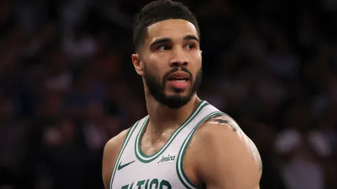 Jayson Tatum #0 of the Boston Celtics reacts in the fourth quarter against the New York Knicks.