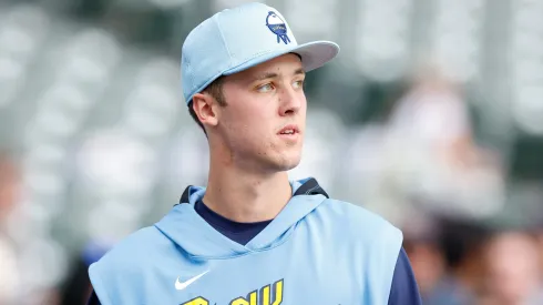 Jacob Misiorowski #32 of the Milwaukee Brewers looks on before the game against Colorado Rockies at American Family Field on June 27, 2025 in Milwaukee, Wisconsin.