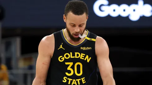 Stephen Curry #30 of the Golden State Warriors reacts against the Houston Rockets during the fourth quarter in Game Six of the Western Conference First Round NBA Playoffs.
