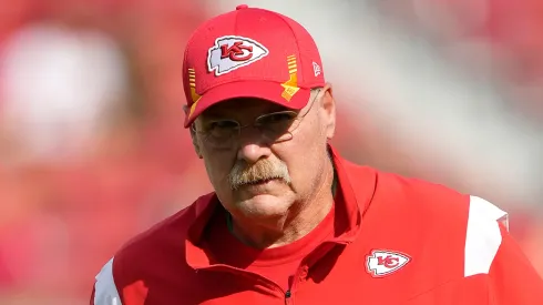 Head coach Andy Reeid of the Kansas City Chiefs looks on during warm ups prior to the start of the game against the San Francisco 49ers at Levi's Stadium on August 14, 2021 in Santa Clara, California.