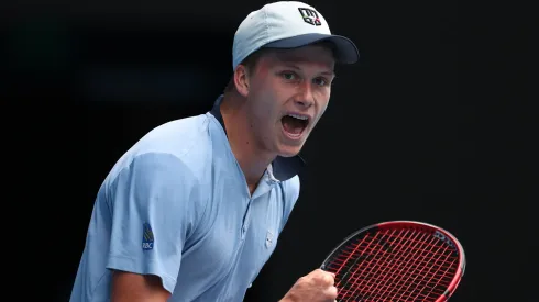 Jenson Brooksby of the United States reacts in their round two singles match against Casper Ruud of Norway during day four of the 2023 Australian Open.