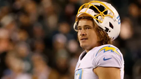 Quarterback Justin Herbert #10 of the Los Angeles Chargers looks on during the third quarter against the Philadelphia Eagles at Lincoln Financial Field on November 07, 2021 in Philadelphia, Pennsylvania.