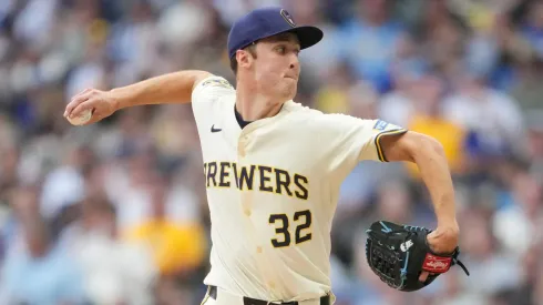 Jacob Misiorowski #32 of the Milwaukee Brewers pitches against the Los Angeles Dodgers during the first inning at American Family Field on July 08, 2025 in Milwaukee, Wisconsin.