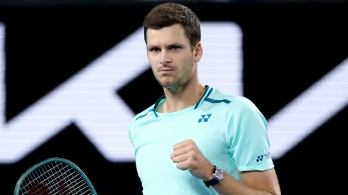 Hubert Hurkacz of Poland celebrates a point in their round two singles match against Jakub Mensik of Czech Republic during the 2024 Australian Open.