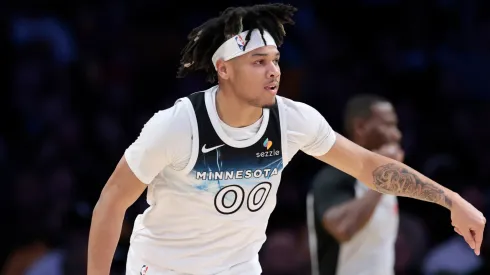 Terrence Shannon Jr. #00 of the Minnesota Timberwolves reacts to his three pointer during a 111-102 Los Angeles Lakers win at Crypto.com Arena on February 27, 2025 in Los Angeles, California.
