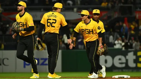 Members of the Pittsburgh Pirates celebrate following a 3-2 win over the Atlanta Braves during the game at PNC Park on May 9, 2025 in Pittsburgh, Pennsylvania.
