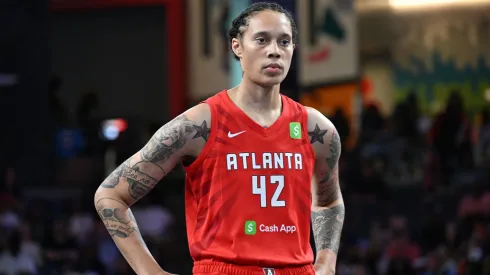 Brittney Griner #42 of the Atlanta Dream looks on against the Indiana Fever during the first quarter at Gateway Center Arena on June 10, 2025.
