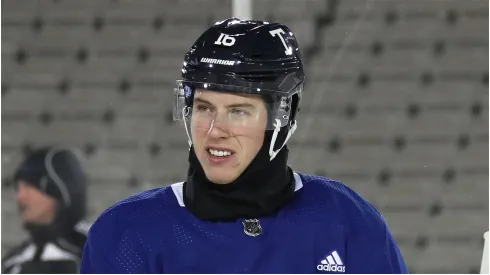 Mitchell Marner #16 the Toronto Maple Leafs skates during practice prior to playing against the Buffalo Sabres during the 2022 Tim Hortons NHL Heritage Classic at Tim Hortons Field on March 12, 2022 in Hamilton, Ontario, Canada.