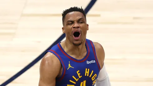Russell Westbrook #4 of the Denver Nuggets reacts after dunking the ball against the LA Clippers during the fourth quarter in Game Seven of the Western Conference First Round NBA Playoffs