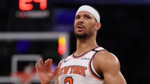 Josh Hart #3 of the New York Knicks reacts against the Indiana Pacers during the third quarter in Game Five of the Eastern Conference Finals
