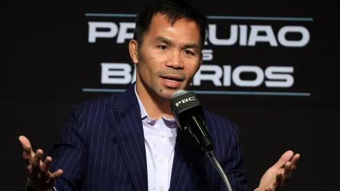 Manny Pacquiao speaks during a news conference at MGM Grand Hotel & Casino on July 16, 2025.