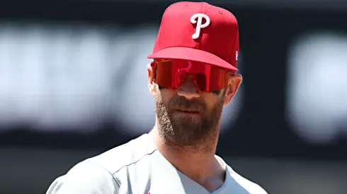 Bryce Harper #3 of the Philadelphia Phillies looks on in the fifth inning against the San Diego Padres at Petco Park on July 13, 2025 in San Diego, California.