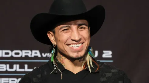 WBC welterweight champion Mario Barrios smiles as he attends a news conference at MGM Grand Hotel & Casino on July 16, 2025.