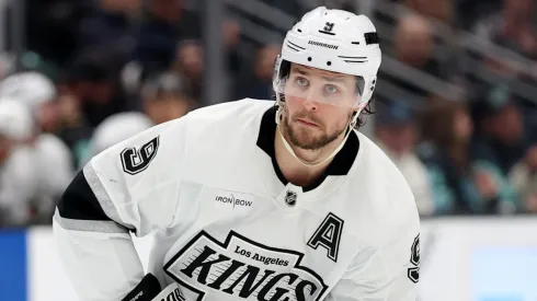 Adrian Kempe #9 of the Los Angeles Kings skates against the Seattle Kraken at Climate Pledge Arena on April 15, 2025 in Seattle, Washington.