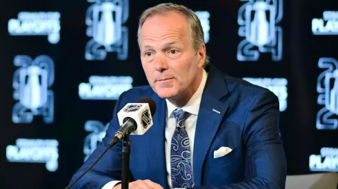 Head coach Jon Cooper of the Tampa Bay Lightning answers questions at a press conference after 5-3 loss against the Florida Panthers in Game Three of the First Round of the 2024 Stanley Cup Playoffs at Amalie Arena on April 25, 2024 in Tampa, Florida.