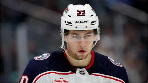 Yegor Chinakhov #59 of the Columbus Blue Jackets looks on during the first period against the Seattle Kraken at Climate Pledge Arena on January 28, 2024 in Seattle, Washington.