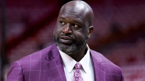 Shaquille O'Neal looks on prior to a game between the Boston Celtics and Miami Heat at Kaseya Center on May 21, 2023 in Miami, Florida.