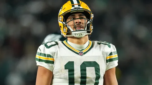 Jordan Love #10 of the Green Bay Packers reacts after a holding penalty in the fourth quarter of a game against the Philadelphia Eagles during the NFC Wild Card Playoff at Lincoln Financial Field on January 12, 2025 in Philadelphia, Pennsylvania.
