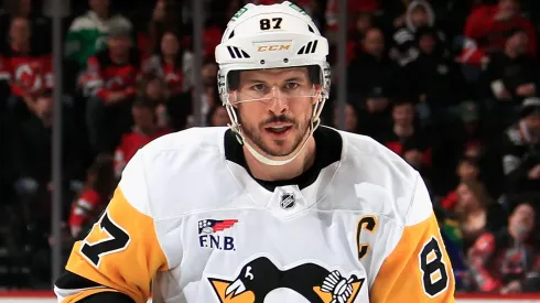 Sidney Crosby #87 of the Pittsburgh Penguins skates against the New Jersey Devils at Prudential Center on April 11, 2025 in Newark, New Jersey.
