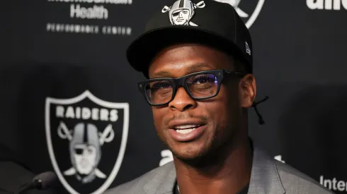 Quarterback Geno Smith is introduced at the Las Vegas Raiders Headquarters/Intermountain Healthcare Performance Center on April 07, 2025 in Henderson, Nevada.