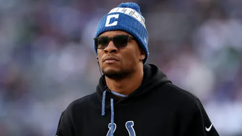 Anthony Richardson #5 of the Indianapolis Colts looks on against the New York Giants at MetLife Stadium on December 29, 2024 in East Rutherford, New Jersey.