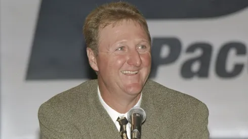 Coach Larry Bird of the Indiana Pacers speaks to reporters during a press conference in Indianapolis, Indiana.